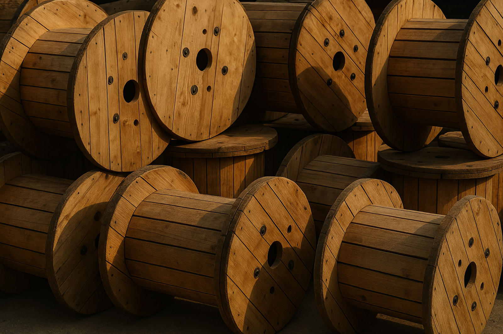 Wooden cable drums stacked in rows