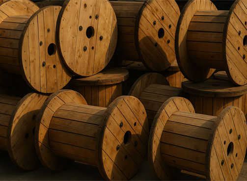 Wooden cable drums stacked in rows