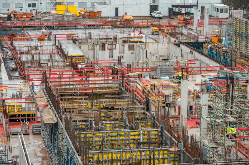 Aerial view of wall and column formwork on a building site