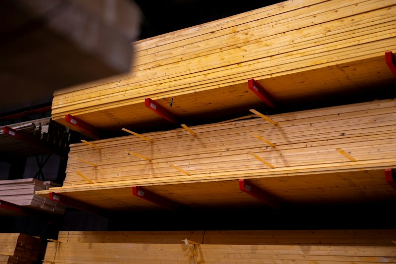 Sawn timber stored on warehouse racking